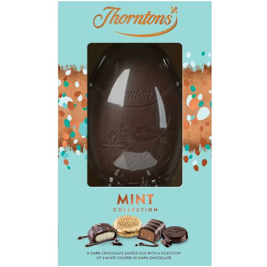 Thorntons Mint Collection Dark Chocolate Easter Egg, in a green box with a selection of mints.